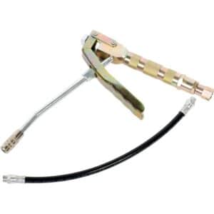 PISTOLET DE GRAISSAGE AVEC RACCORD TOURNANT FLEXIBLE ET BEC RIGIDE SURPRESSEUR A GRAISSE