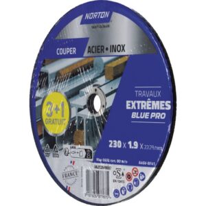 DISQUE A TRONCONNER METAL INOX PLAT 230X1,9X22,2 MM LOT DE 3+1 OFFERT EXTREME BLUE PRO NORTON x5