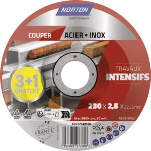 DISQUE A TRONCONNER METAL INOX MOYEU DEPORTE 230X2,5X22 MM LOT DE 3+1 OFFERT INTENSIF NORTON