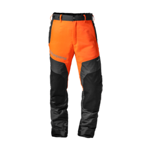 Husqvarna Pantalon Classic orange et noir, vue de face avec ceinture noire et renforts gris foncé sur le bas des jambes